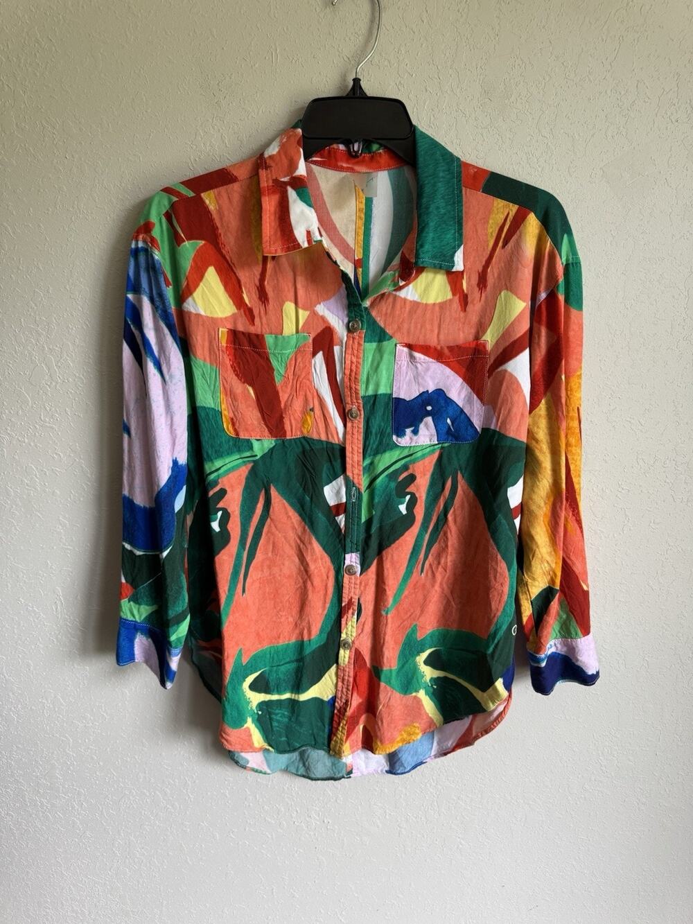 Calia by Carrie Underwood Multi Print Button Down Blouse Womens XS Vacation